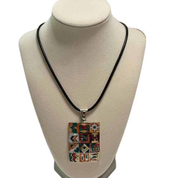 Peruvian 950 Sterling Silver Pendant | Rectangular Mosaic Inlay | Natural Stones - Picture 4 of 12